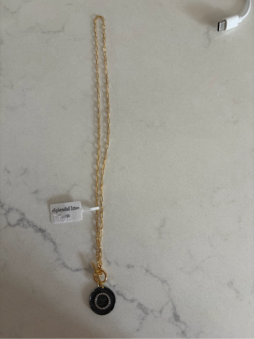 Splendid Gold Chain Necklace with Black Pendant and Crystal Accent